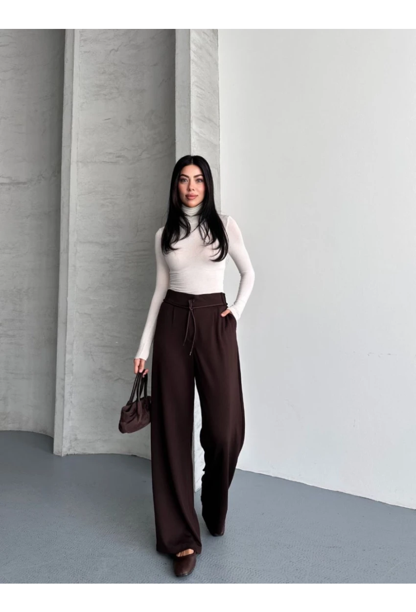 Modal Kumaş Bel Detay Pantolon Kahve
