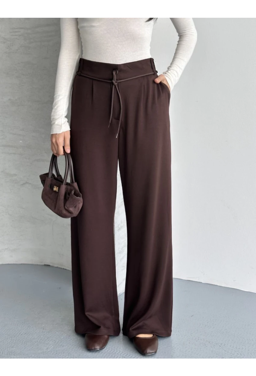 Modal Kumaş Bel Detay Pantolon Kahve