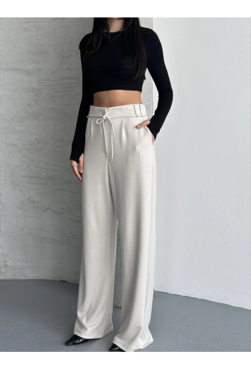 Modal Kumaş Bel Detay Pantalon Krem