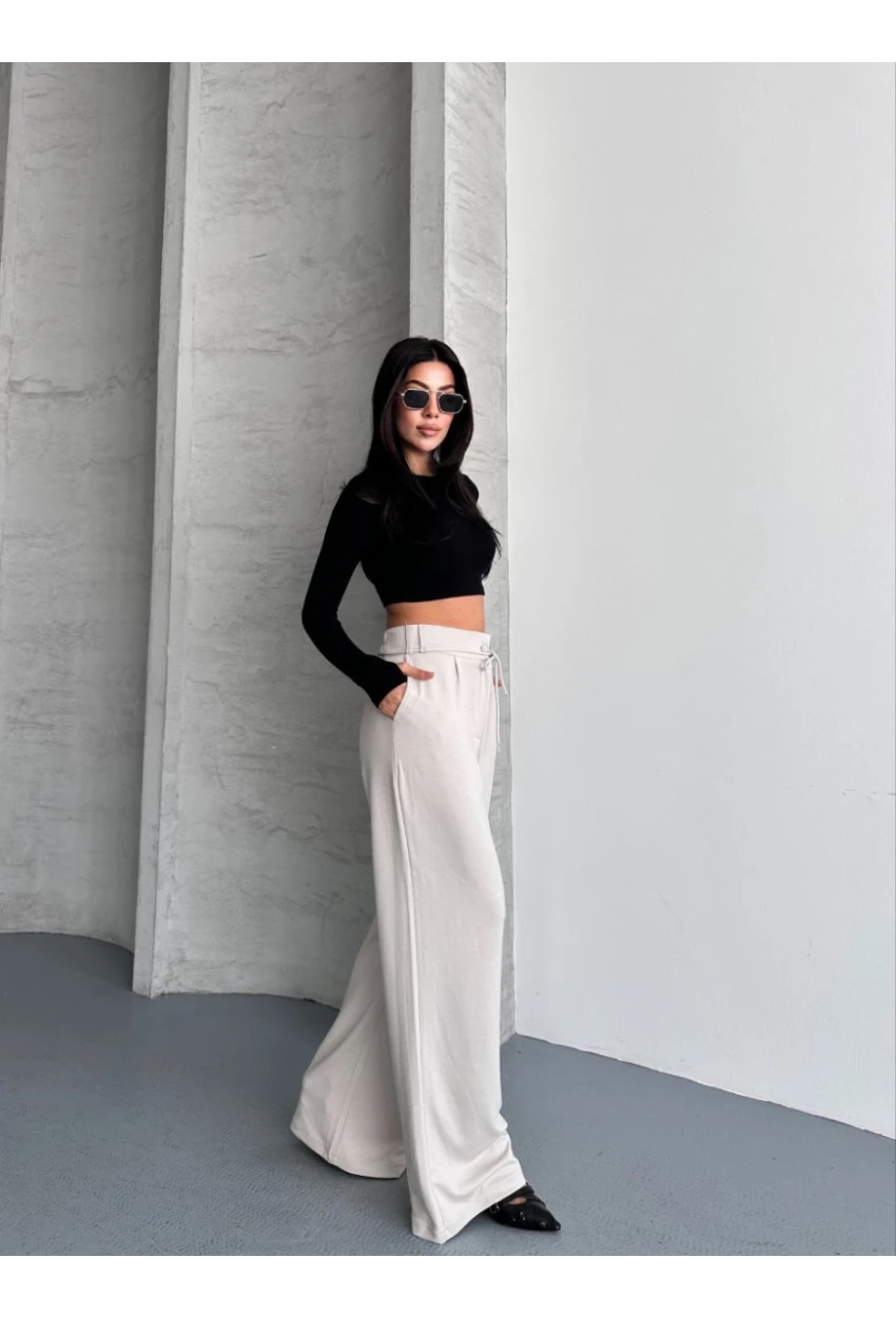 Modal Kumaş Bel Detay Pantalon Krem