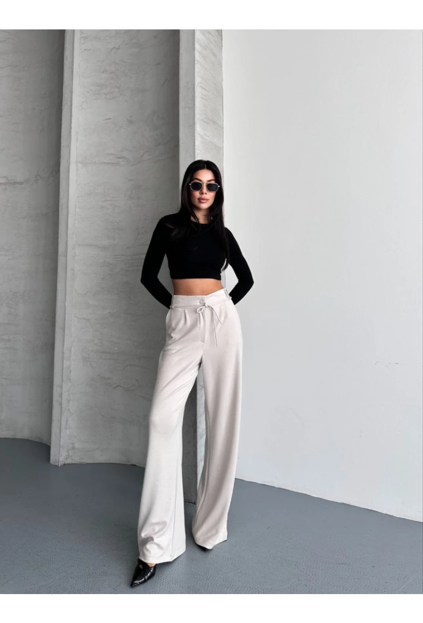 Modal Kumaş Bel Detay Pantalon Krem
