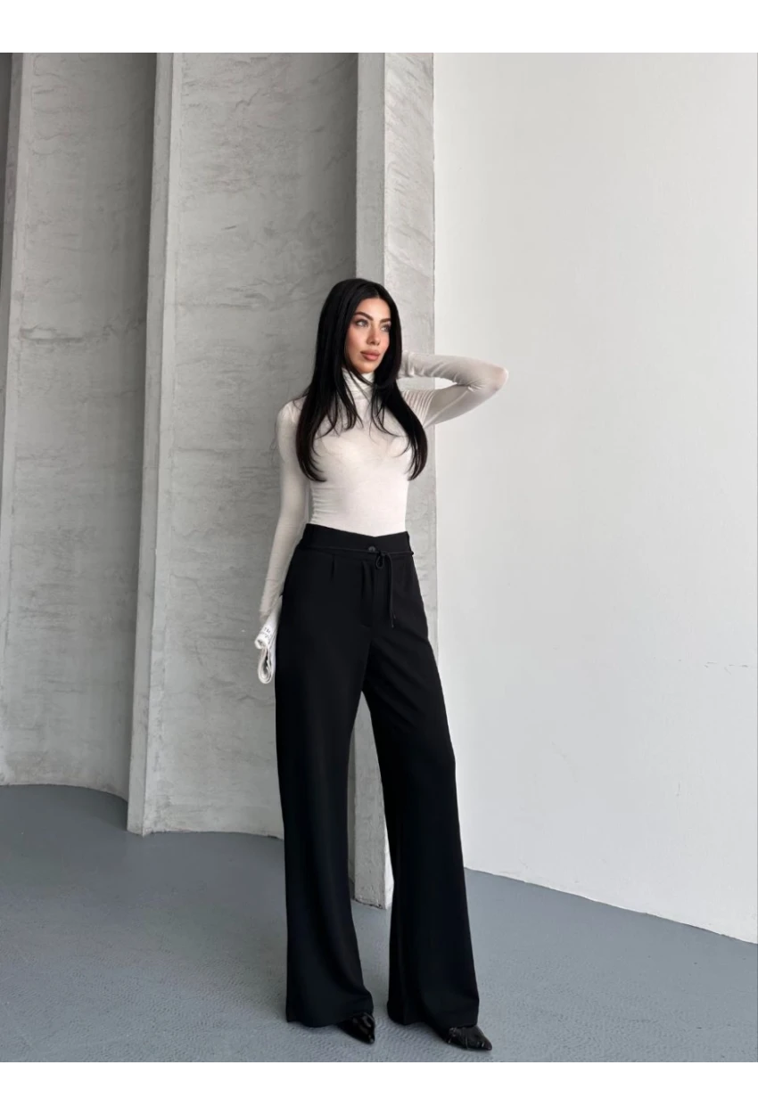 Modal Kumaş Bel Detay Pantolon Siyah