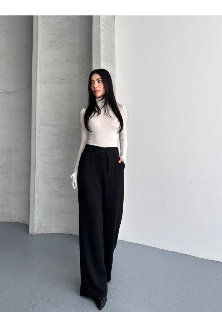 Modal Kumaş Bel Detay Pantolon Siyah