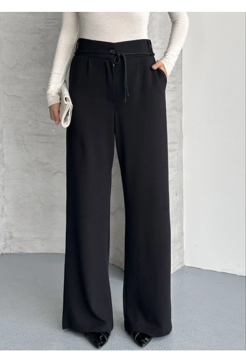 Modal Kumaş Bel Detay Pantolon Siyah