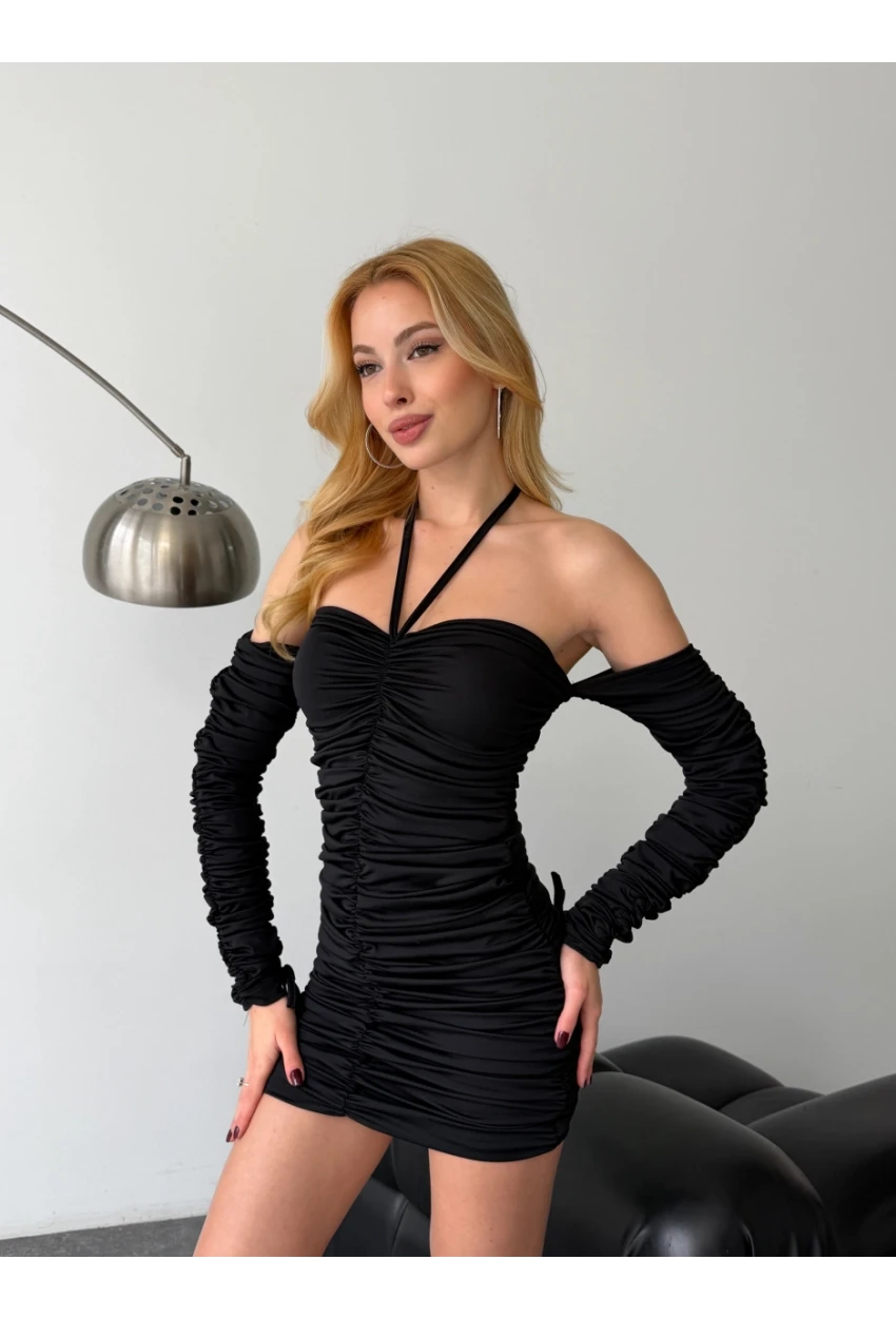 Modal Kumaş Drape Detaylı Mini Elbise Siyah CL9695