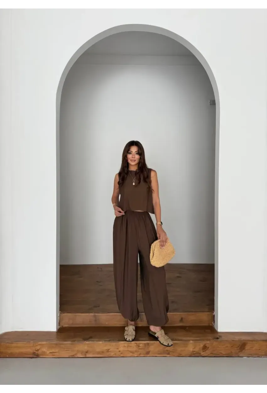 Modal Kumaş Kolsuz Bluz Şalvar Pantalon Alt Üst Takım Kahve