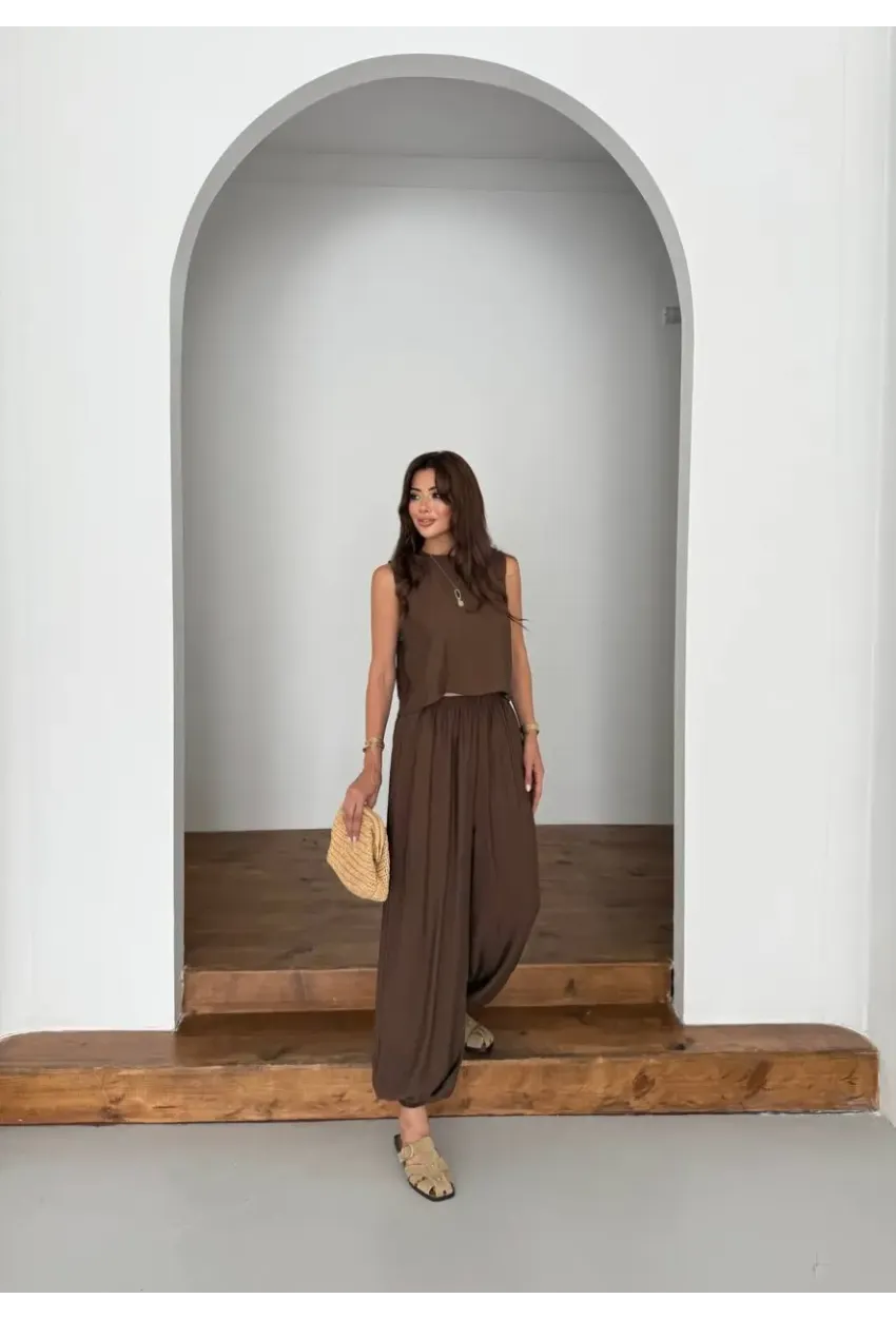 Modal Kumaş Kolsuz Bluz Şalvar Pantalon Alt Üst Takım Kahve