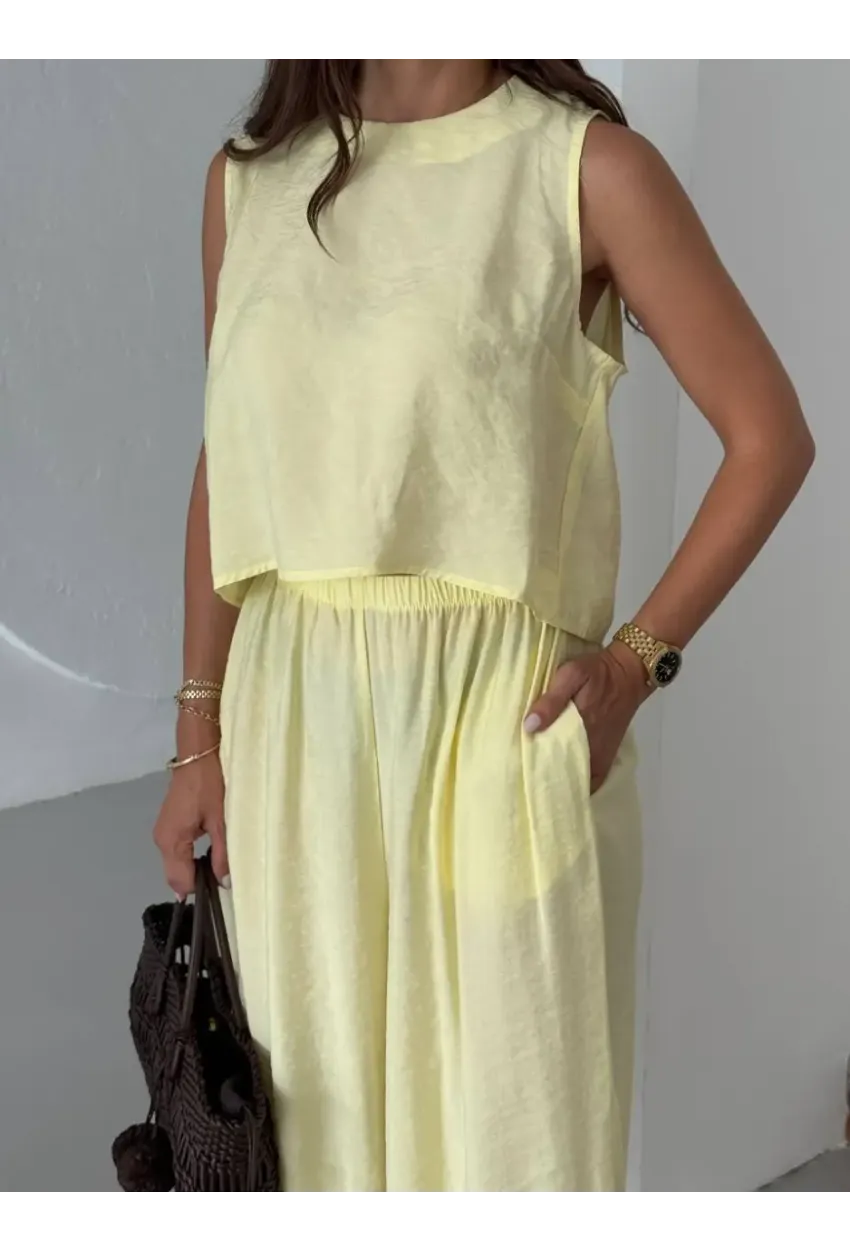 Modal Kumaş Kolsuz Bluz Şalvar Pantalon Alt Üst Takım Sarı