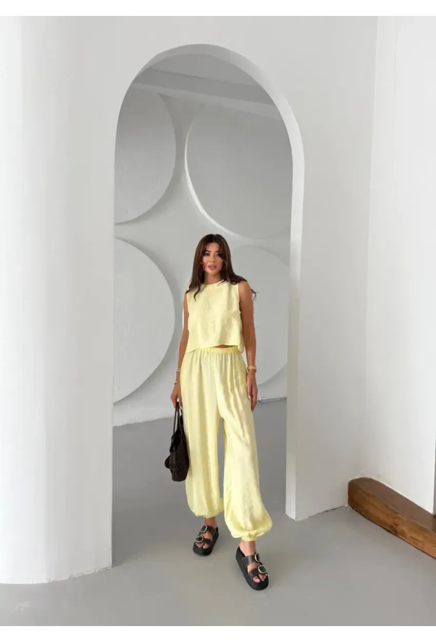 Modal Kumaş Kolsuz Bluz Şalvar Pantalon Alt Üst Takım Sarı