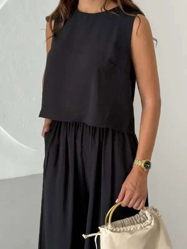 Modal Kumaş Kolsuz Bluz Şalvar Pantalon Alt Üst Takım Siyah