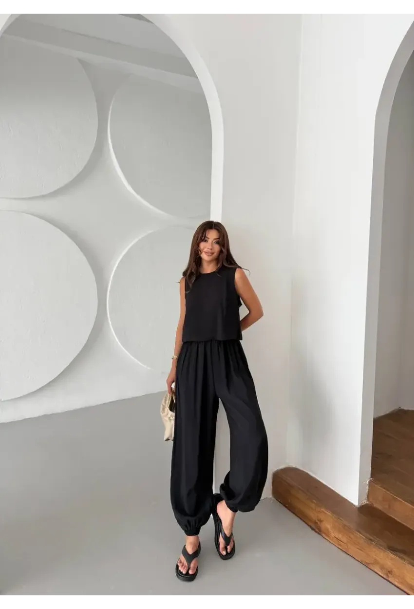 Modal Kumaş Kolsuz Bluz Şalvar Pantalon Alt Üst Takım Siyah