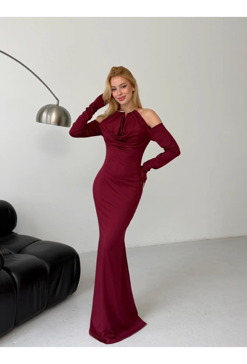 Modal Kumaş Likralı Aksesuar Detay Maxi Elbise Bordo