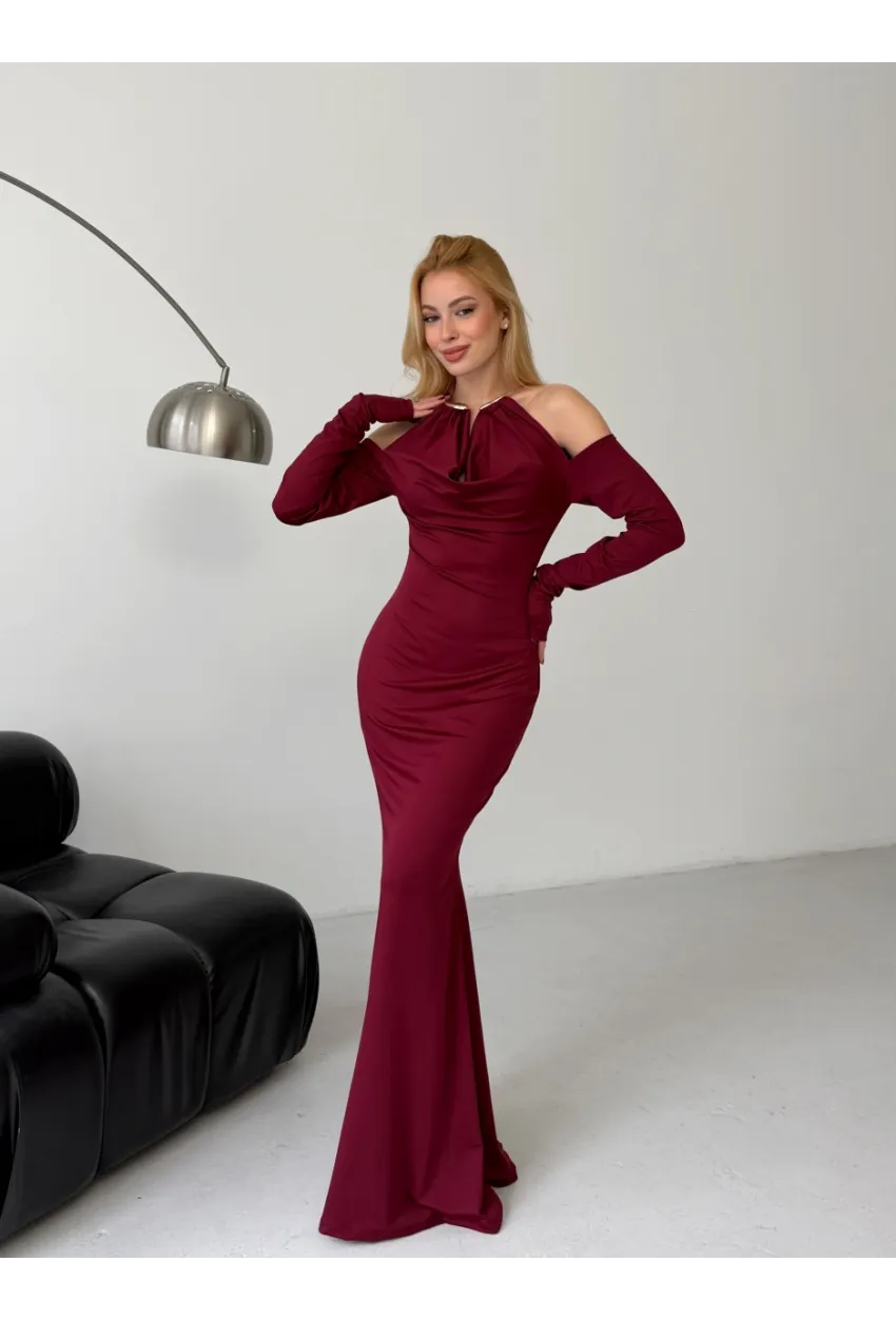 Modal Kumaş Likralı Aksesuar Detay Maxi Elbise Bordo