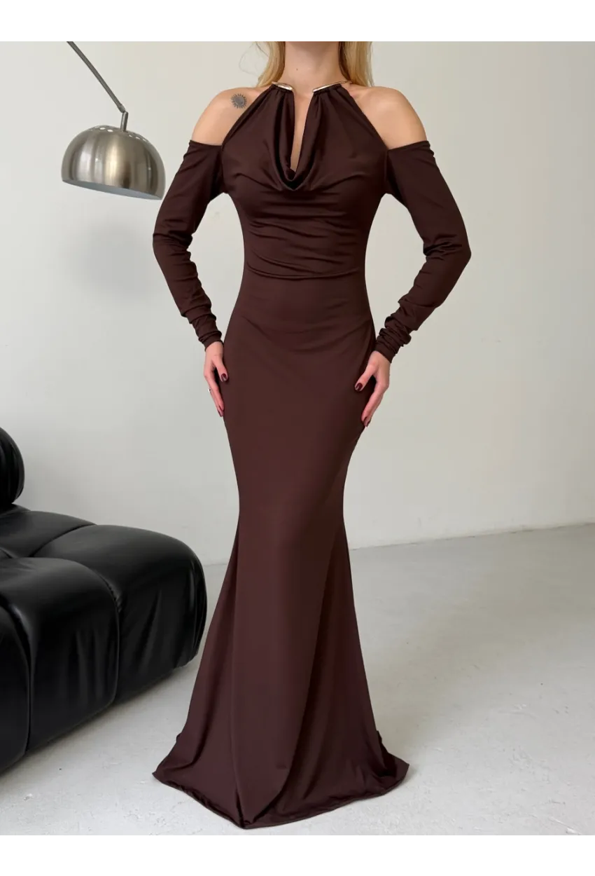 Modal Kumaş Likralı Aksesuar Detay Maxi Elbise Kahve