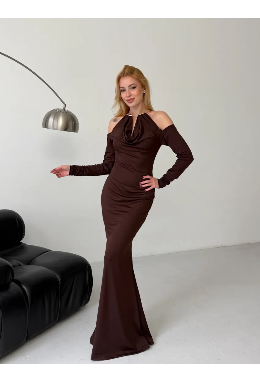 Modal Kumaş Likralı Aksesuar Detay Maxi Elbise Kahve