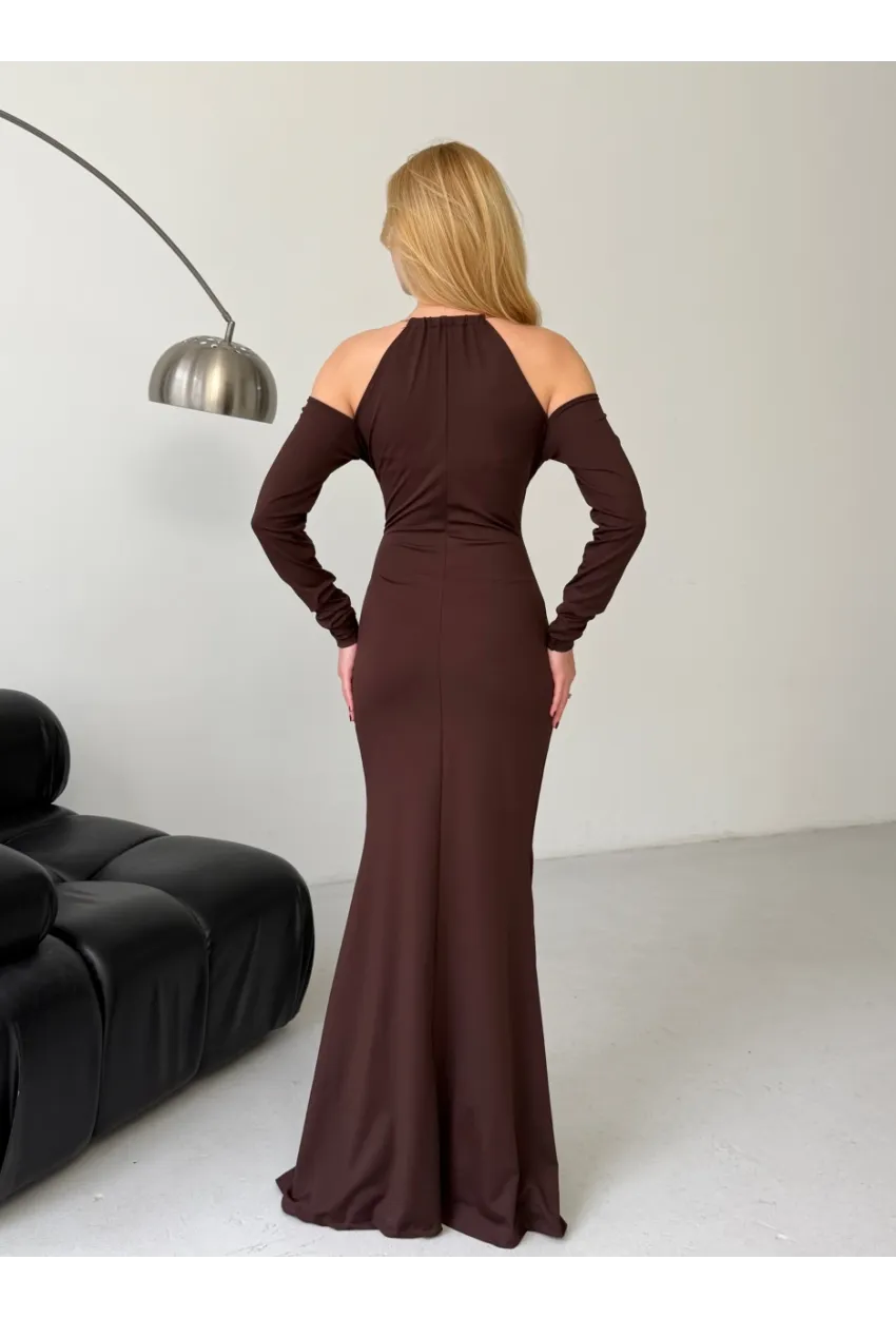 Modal Kumaş Likralı Aksesuar Detay Maxi Elbise Kahve