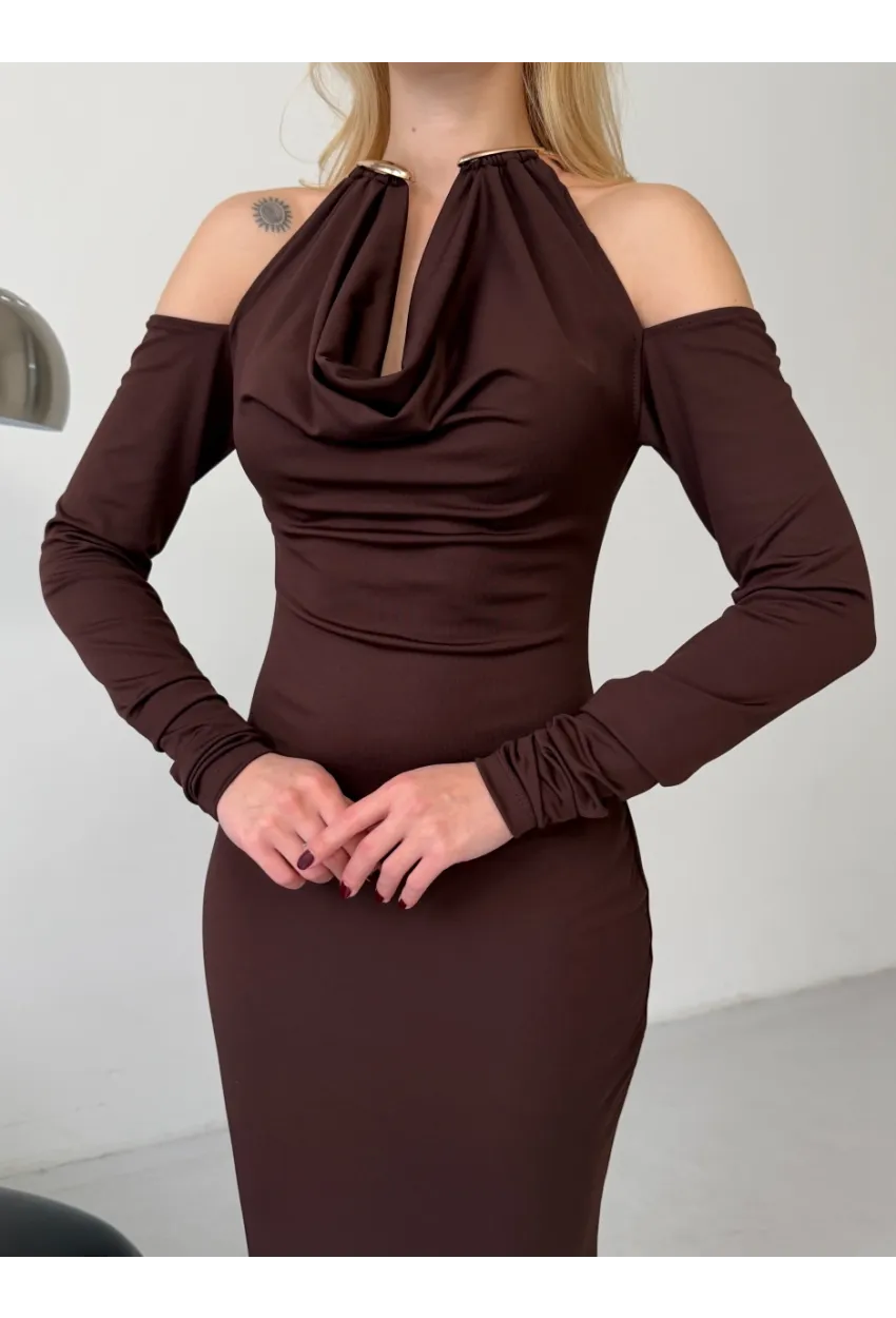 Modal Kumaş Likralı Aksesuar Detay Maxi Elbise Kahve