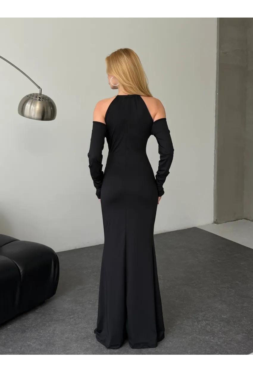 Modal Kumaş Likralı Aksesuar Detay Maxi Elbise Siyah