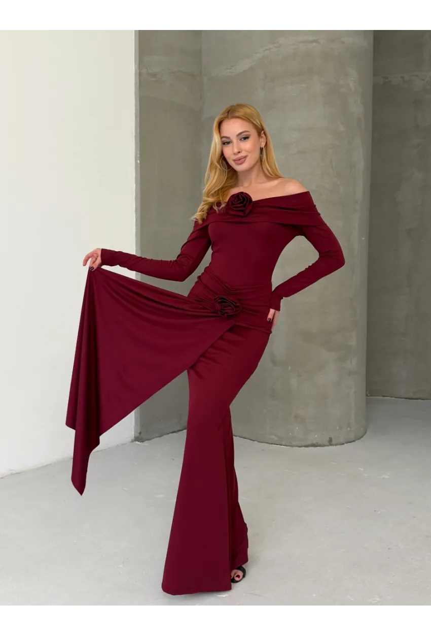 Modal Kumaş Likralı Çiçek Aksesuarlı Maxi Boy Elbise Bordo