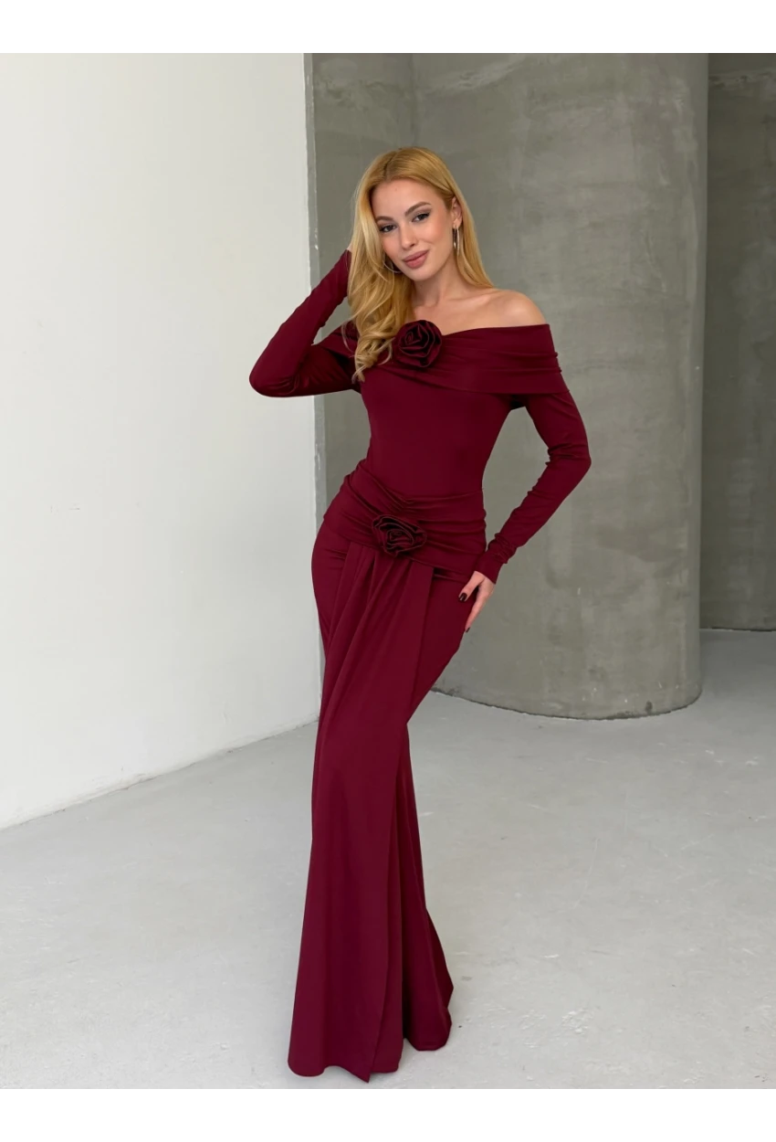 Modal Kumaş Likralı Çiçek Aksesuarlı Maxi Boy Elbise Bordo