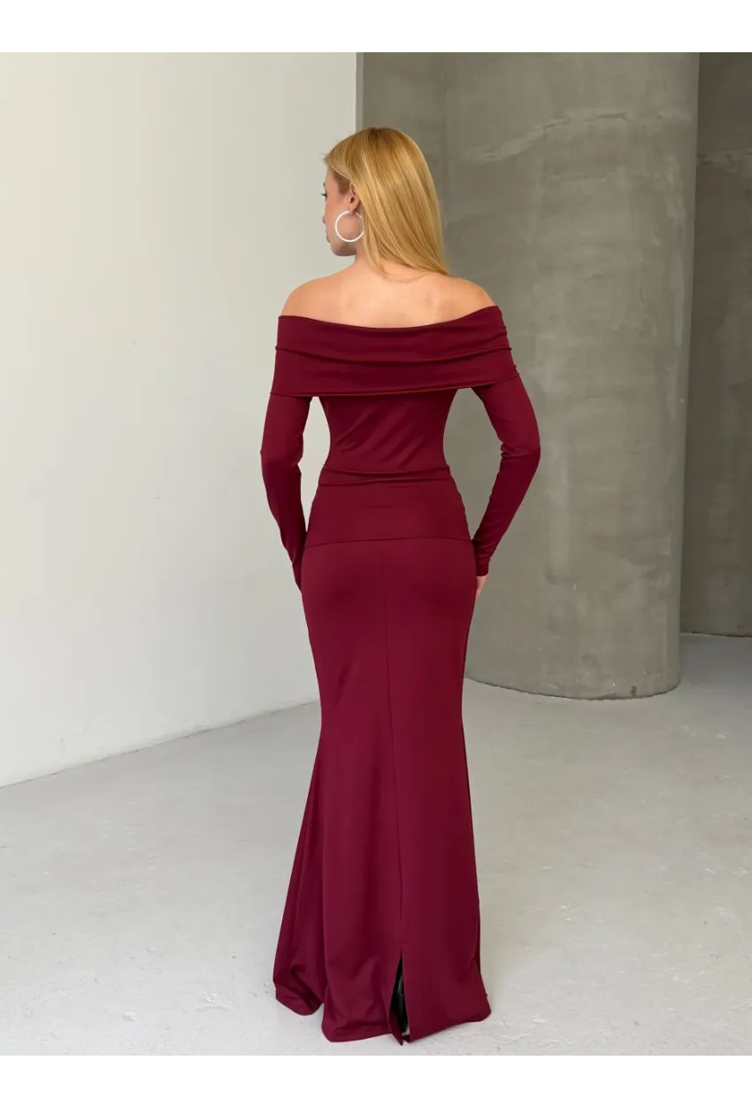 Modal Kumaş Likralı Çiçek Aksesuarlı Maxi Boy Elbise Bordo