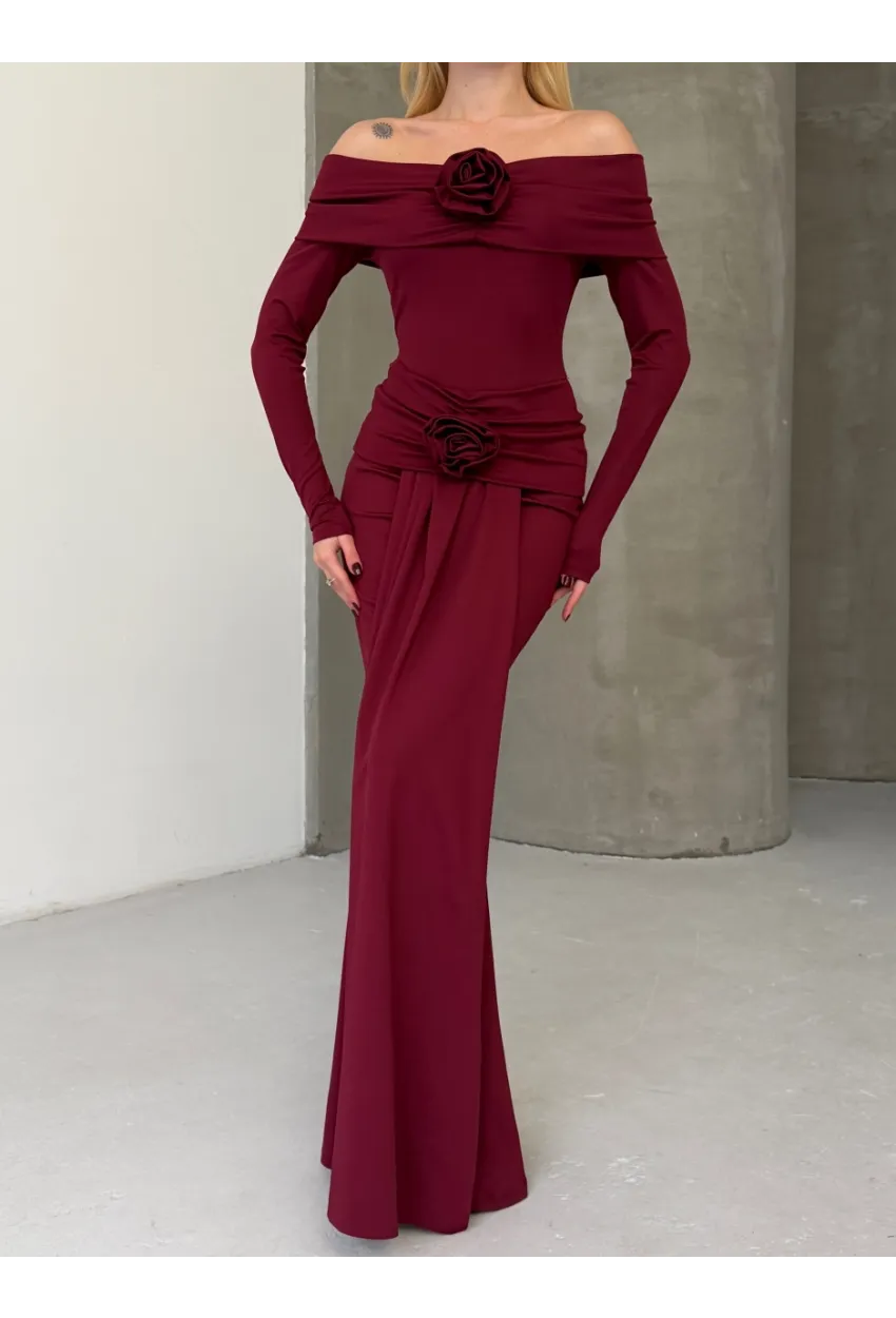 Modal Kumaş Likralı Çiçek Aksesuarlı Maxi Boy Elbise Bordo