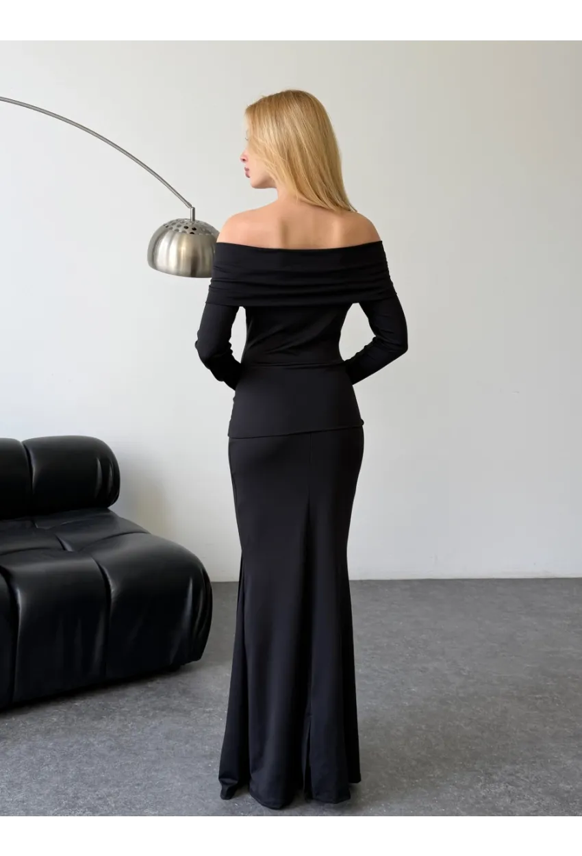 Modal Kumaş Metal Aksesuar Detaylı Maxi Boy Elbise Siyah