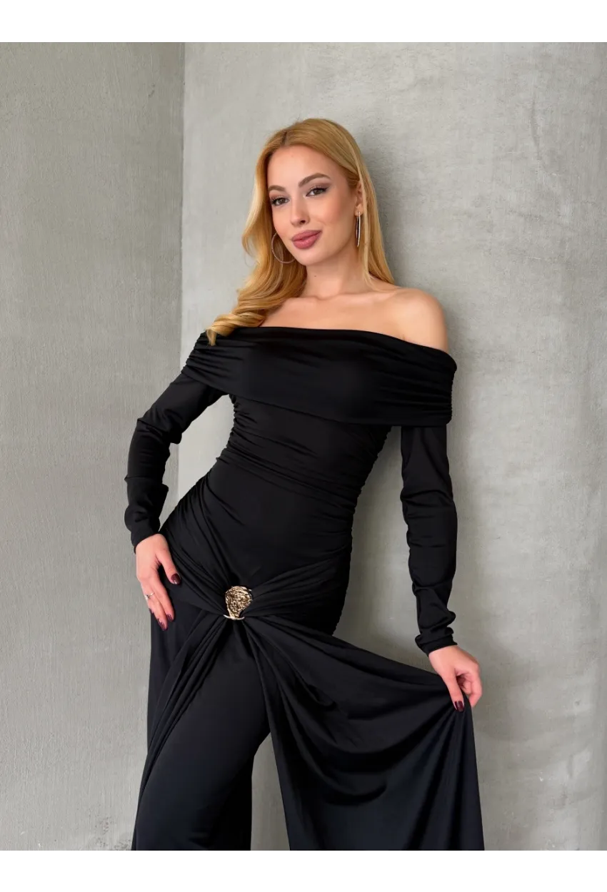 Modal Kumaş Metal Aksesuar Detaylı Maxi Boy Elbise Siyah