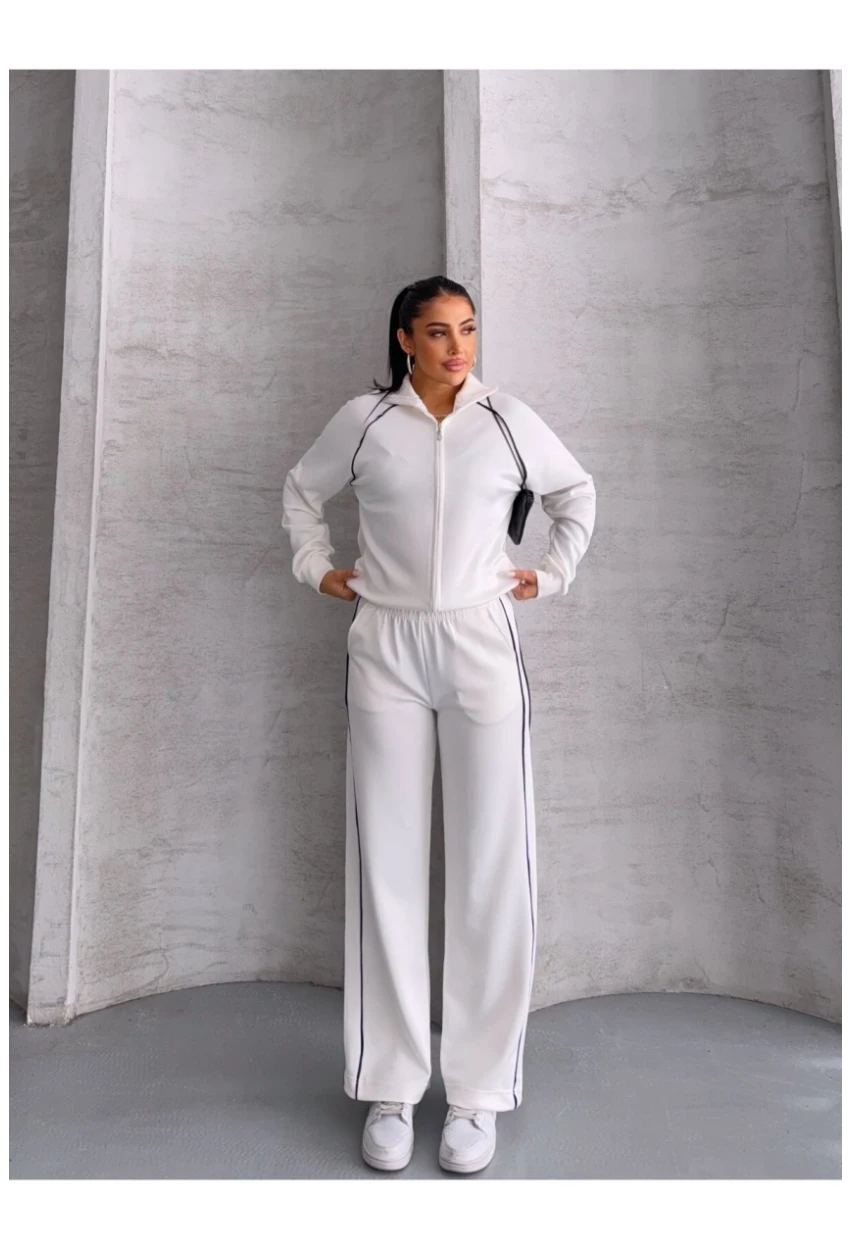 Modal Kumaş Şerit Detaylı Takım Beyaz
