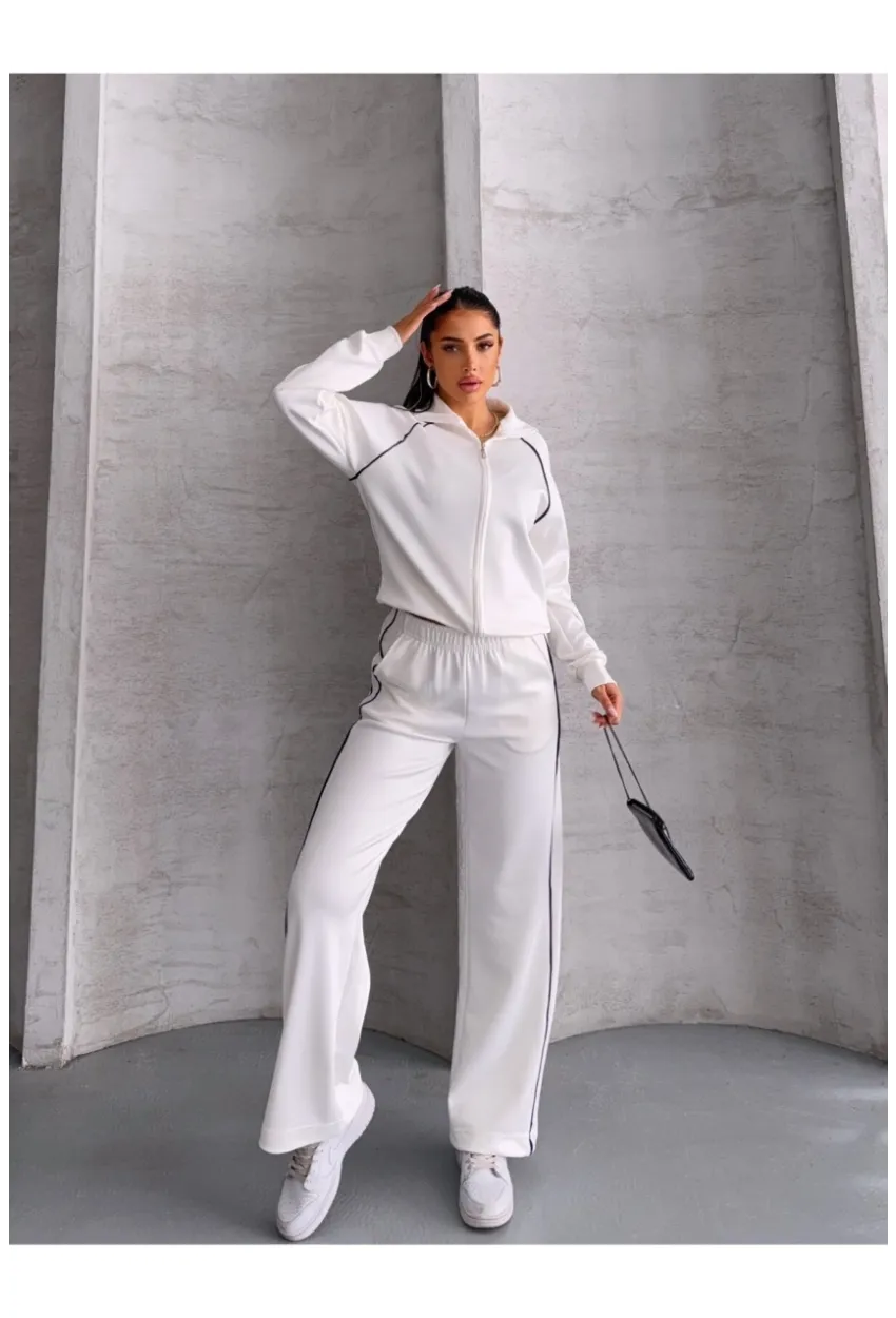Modal Kumaş Şerit Detaylı Takım Beyaz