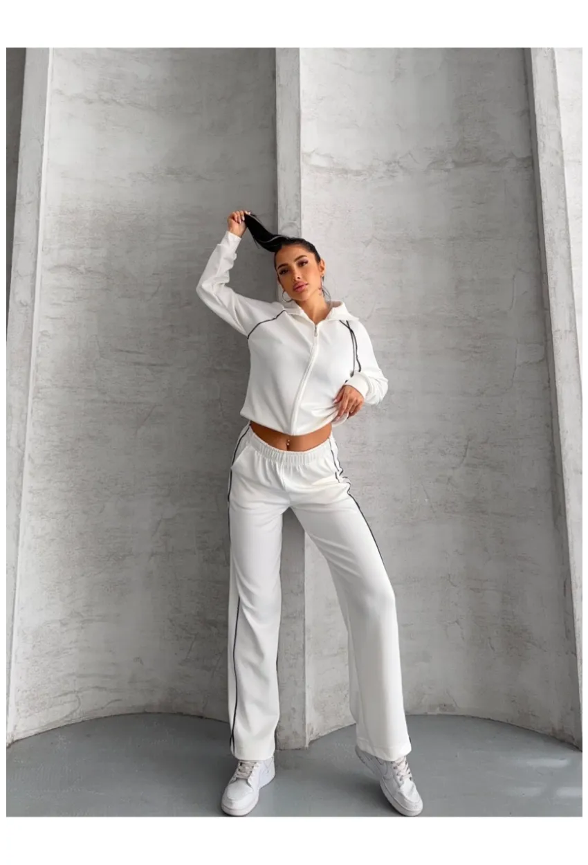 Modal Kumaş Şerit Detaylı Takım Beyaz