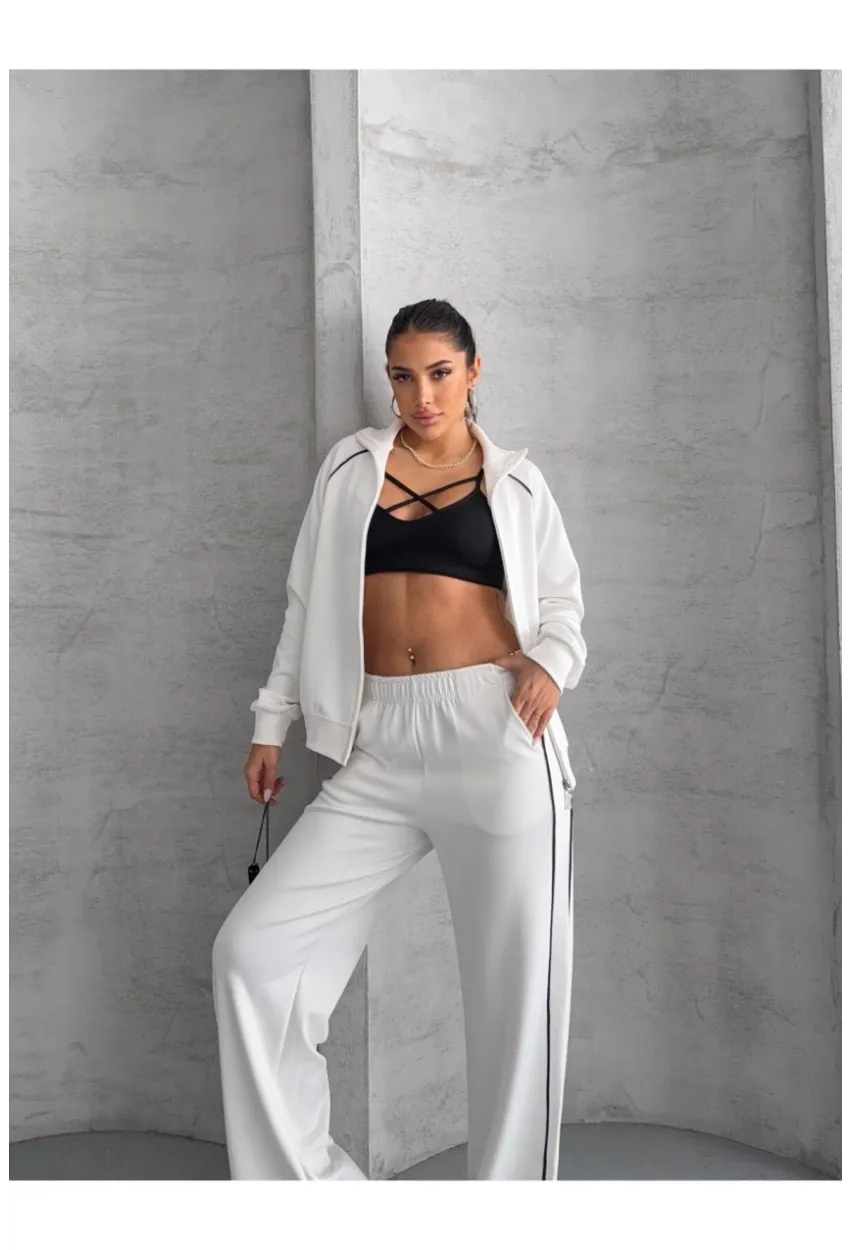 Modal Kumaş Şerit Detaylı Takım Beyaz