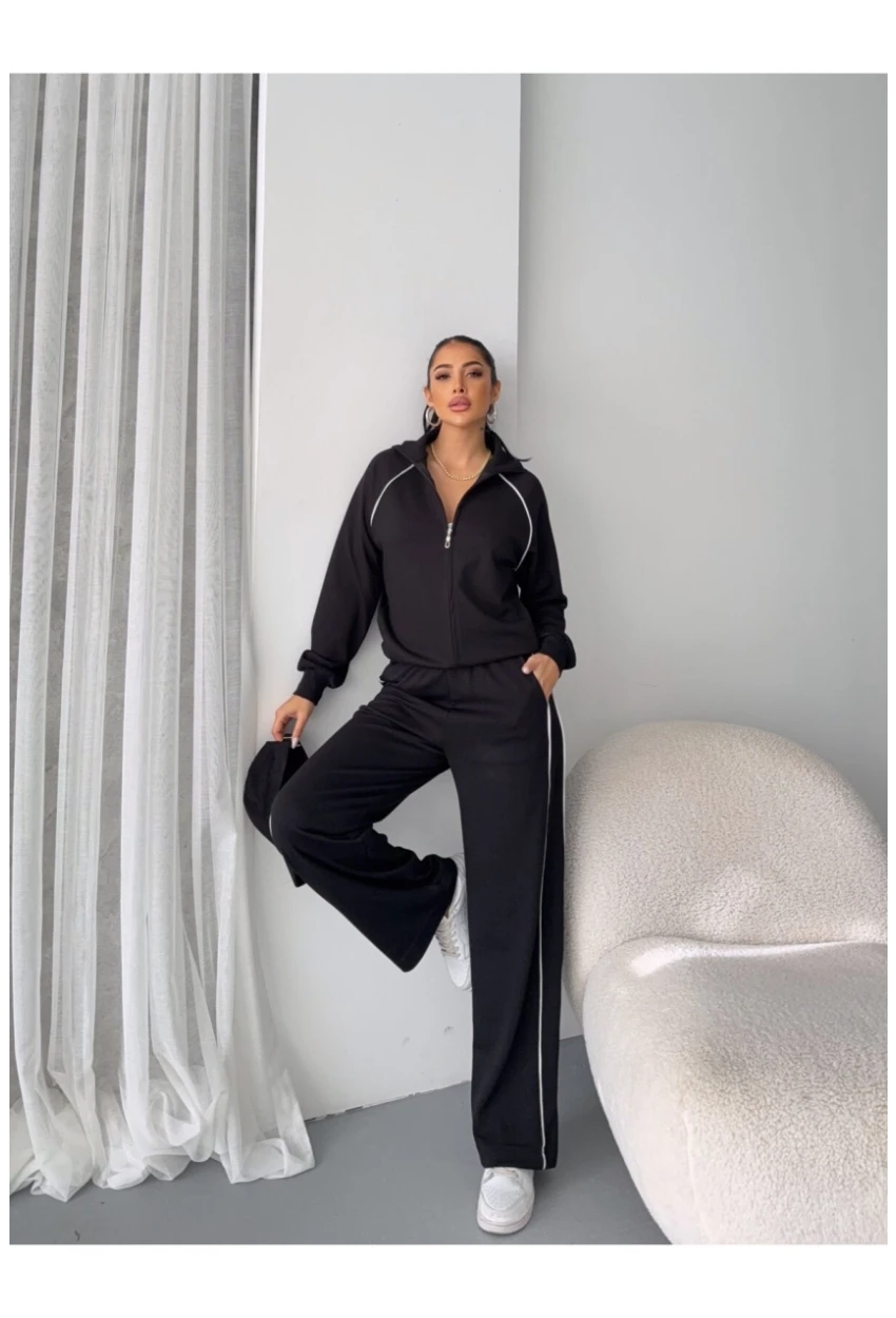 Modal Kumaş Şerit Detaylı Takım Siyah