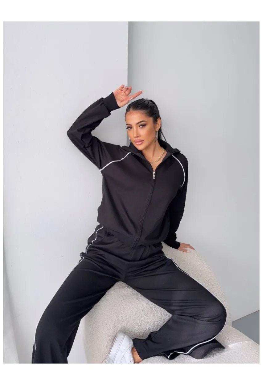 Modal Kumaş Şerit Detaylı Takım Siyah