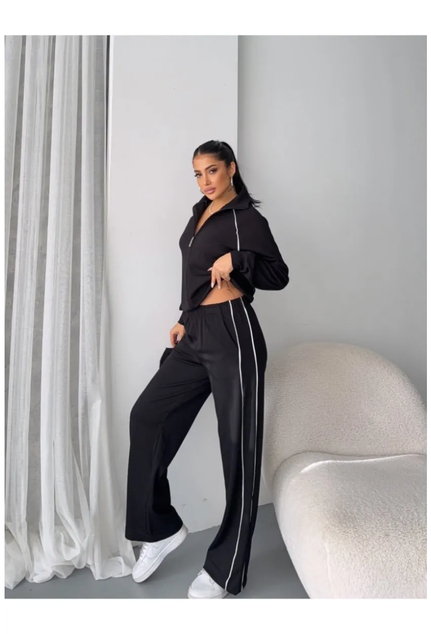 Modal Kumaş Şerit Detaylı Takım Siyah