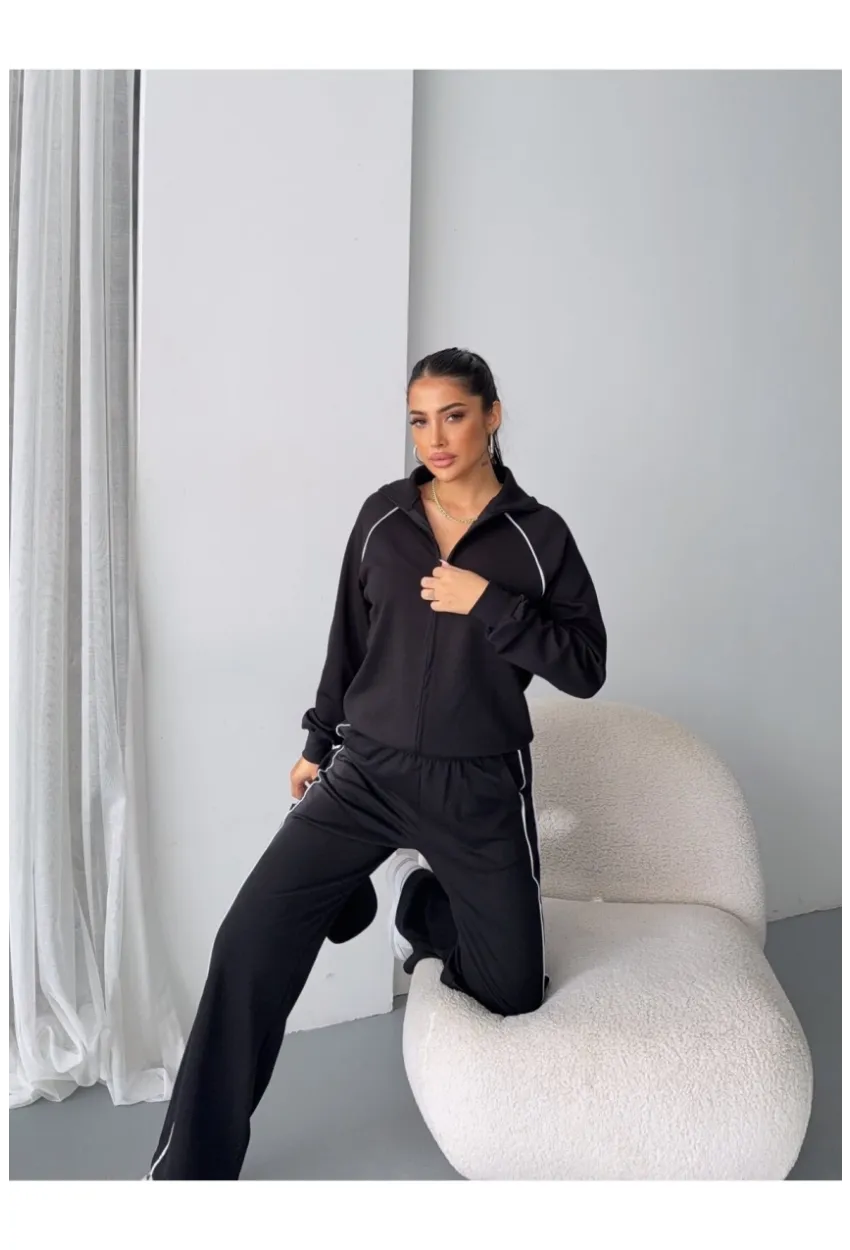 Modal Kumaş Şerit Detaylı Takım Siyah