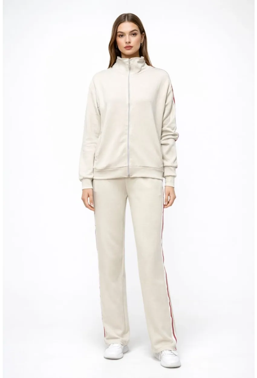 Modal Kumaş Tam Fermuarlı Şeritli Eşofman Takımı Bej