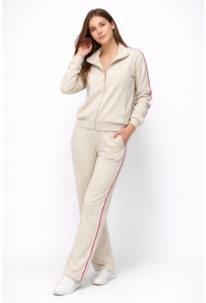 Modal Kumaş Tam Fermuarlı Şeritli Eşofman Takımı Bej