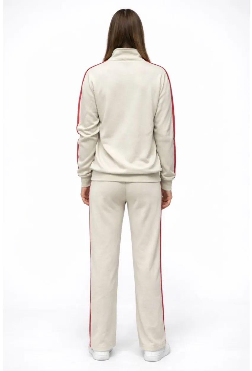 Modal Kumaş Tam Fermuarlı Şeritli Eşofman Takımı Bej