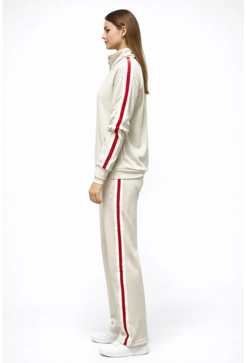 Modal Kumaş Tam Fermuarlı Şeritli Eşofman Takımı Bej