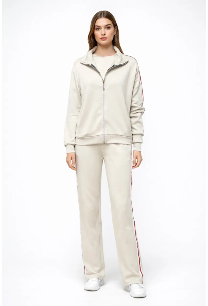Modal Kumaş Tam Fermuarlı Şeritli Eşofman Takımı Bej