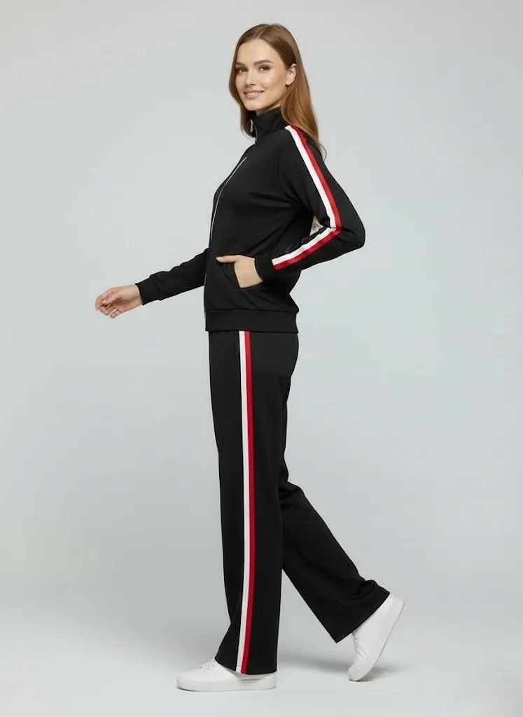 Modal Kumaş Tam Fermuarlı Şeritli Eşofman Takımı Siyah