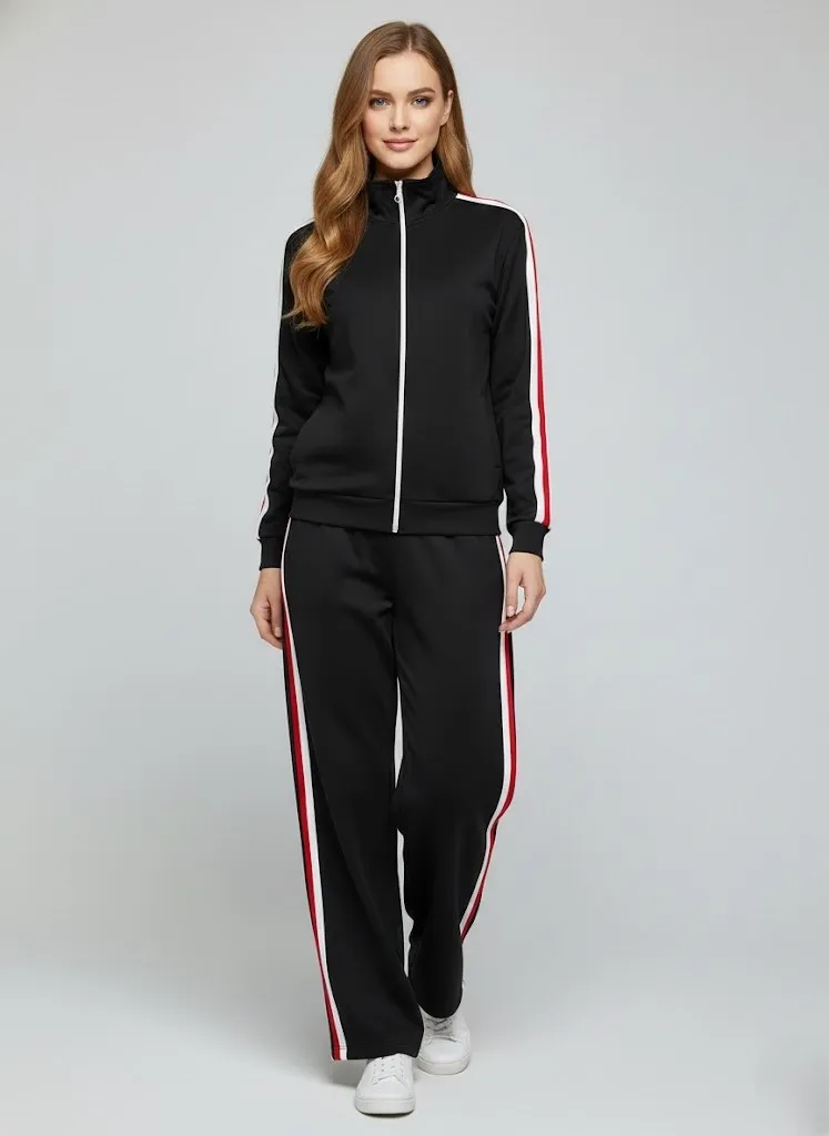 Modal Kumaş Tam Fermuarlı Şeritli Eşofman Takımı Siyah