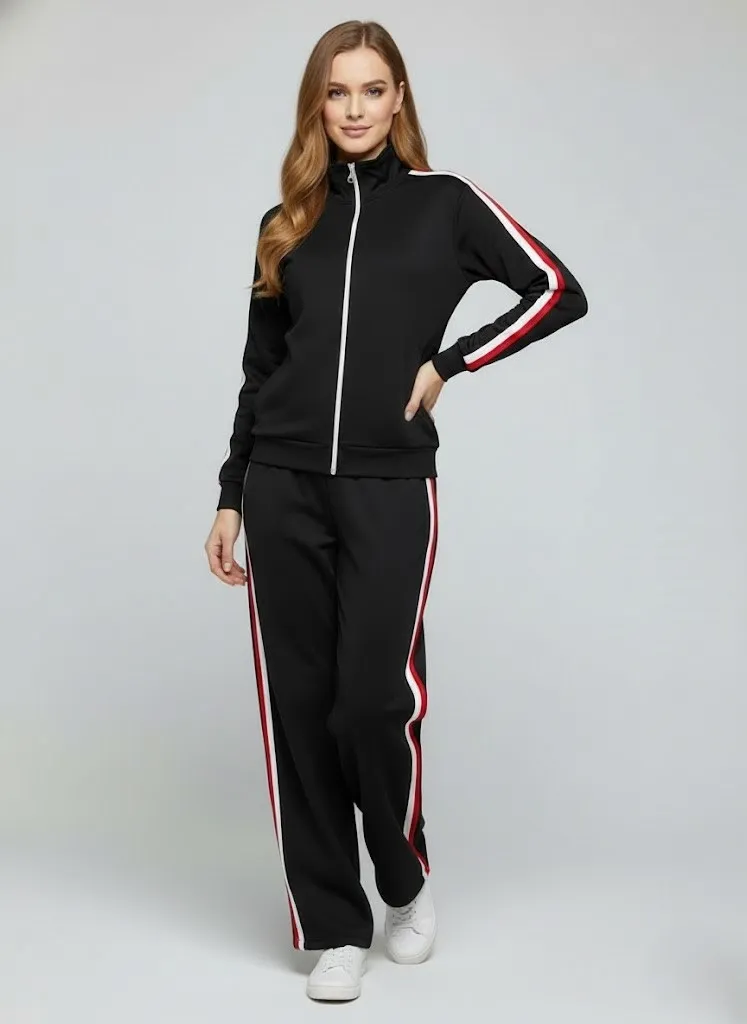 Modal Kumaş Tam Fermuarlı Şeritli Eşofman Takımı Siyah