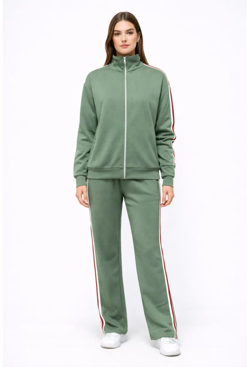 Modal Kumaş Tam Fermuarlı Şeritli Eşofman Takımı Yeşil