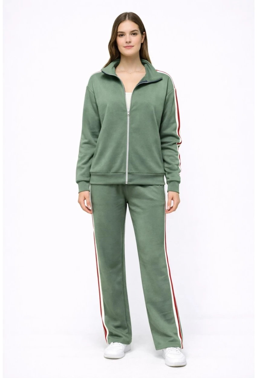 Modal Kumaş Tam Fermuarlı Şeritli Eşofman Takımı Yeşil