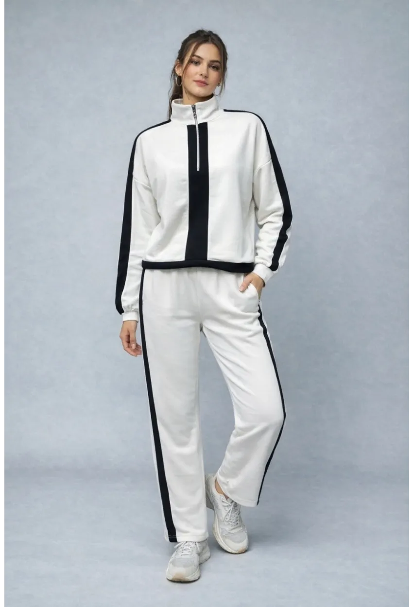 Modal Kumaş Yarım Fermuarlı Şeritli Eşofman Takımı Beyaz