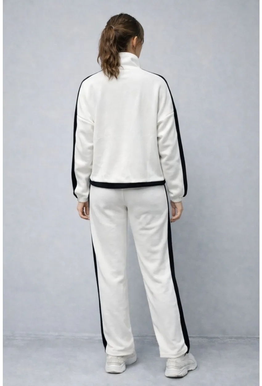 Modal Kumaş Yarım Fermuarlı Şeritli Eşofman Takımı Beyaz