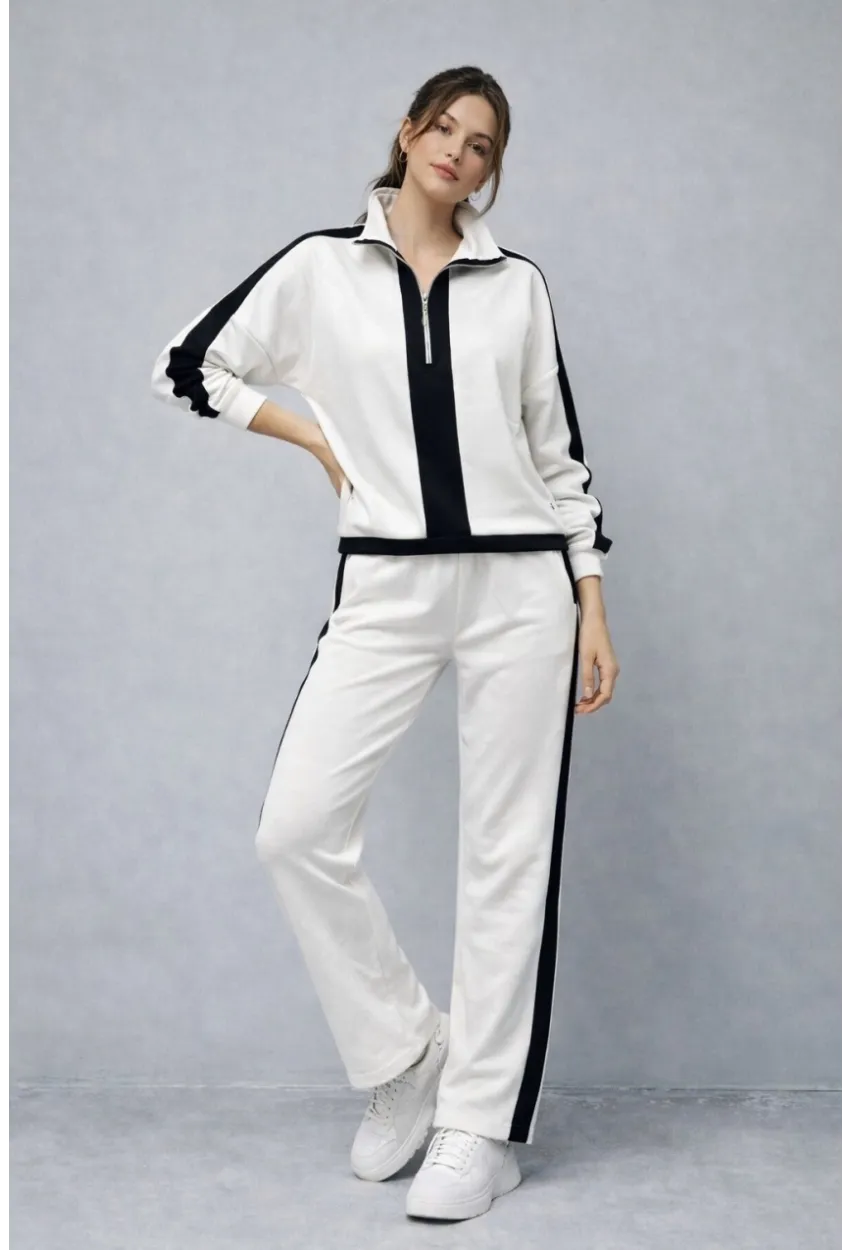 Modal Kumaş Yarım Fermuarlı Şeritli Eşofman Takımı Beyaz