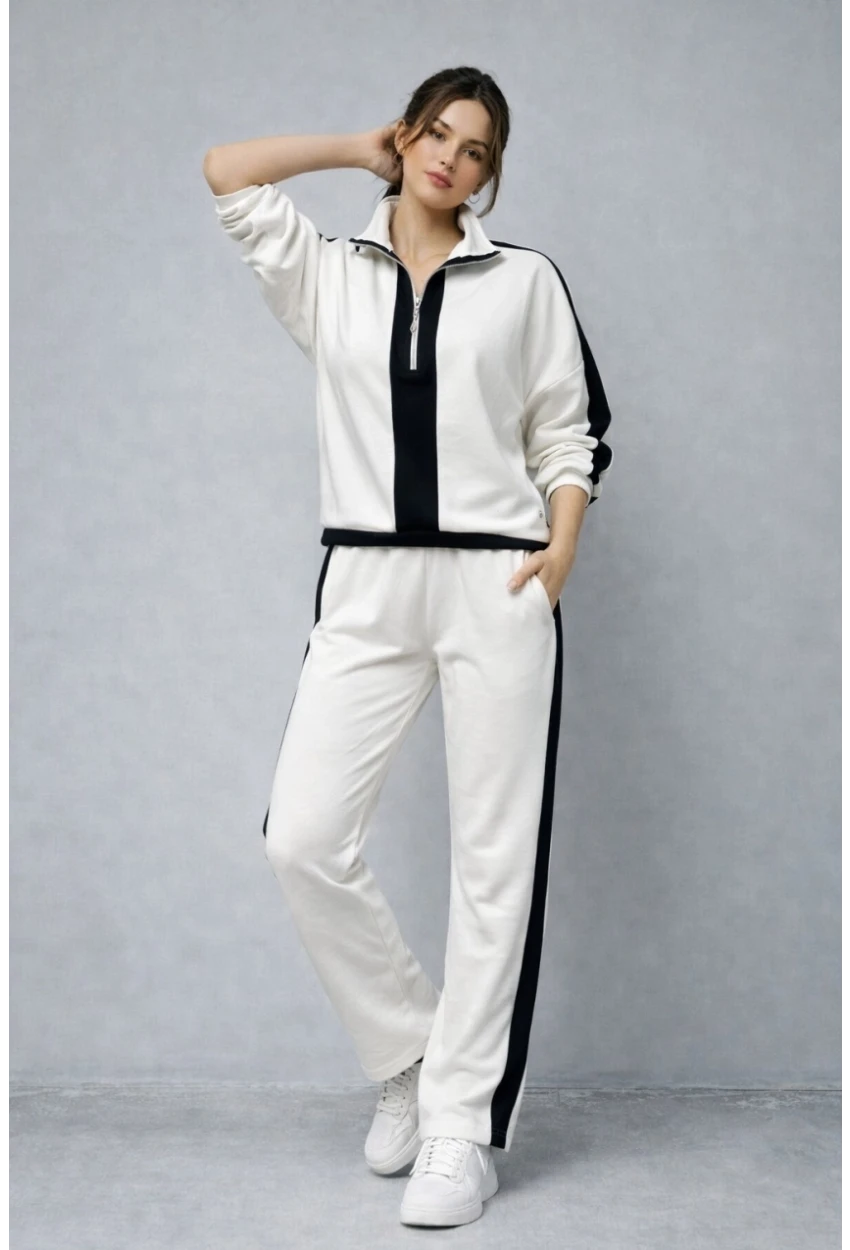 Modal Kumaş Yarım Fermuarlı Şeritli Eşofman Takımı Beyaz